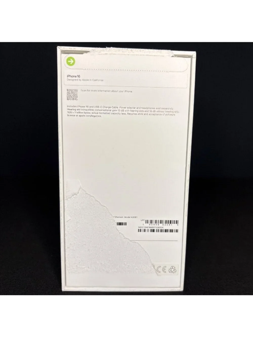 Apple iPhone 16 White Retail Box Only - Empty Box Only Model A3081 No Phone